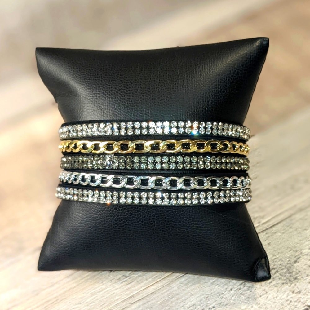 A25 Silver Crystal Gold Rhinestone Suede Wrap Bracelet Black Adjustable A25